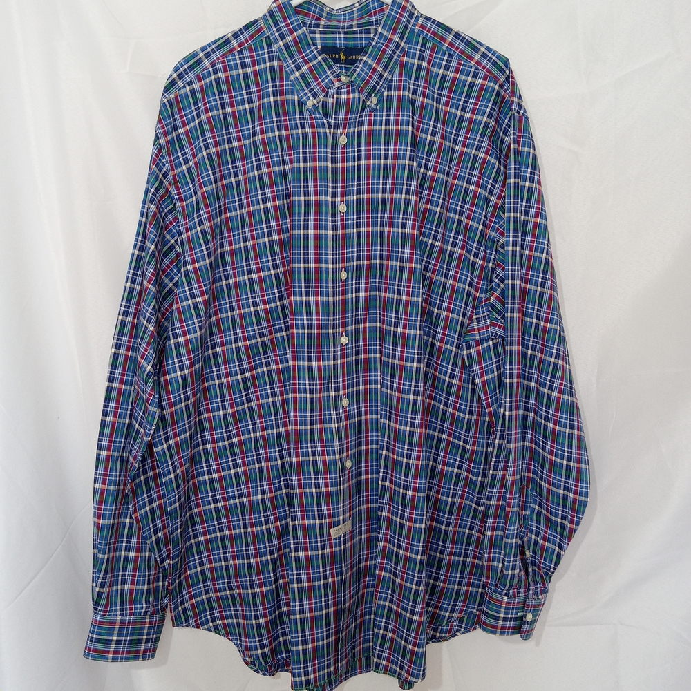 Ralph Lauren Shirt Mens 2XLT Blue Plaid Classic Fit Button Down Cotton Preppy - Picture 2 of 15